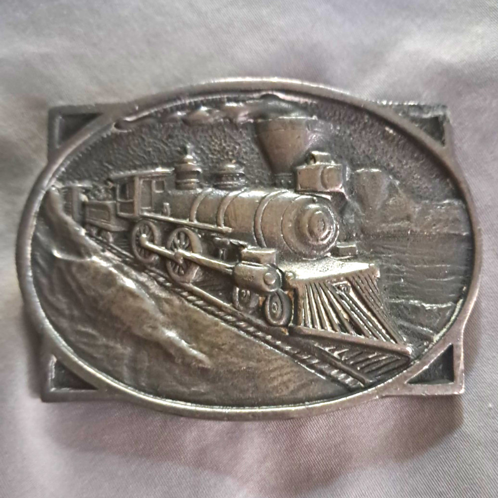 Men&rsquo;s Western Train Locomotive Belt Buckle Silver Metal Rectangular Fits 1.5&Prime;