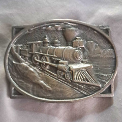 Men&rsquo;s Western Train Locomotive Belt Buckle Silver Metal Rectangular Fits 1.5&Prime;
