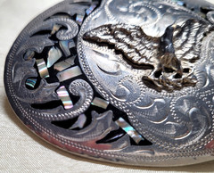 Vintage Alpaca Mexico Eagle Abalone Shell Mother Pearl Inlay Belt Buckle
