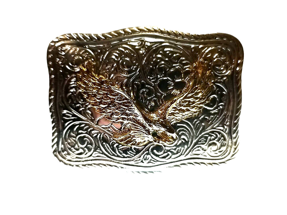 EAGLE Belt BUCKLE Gold on Silver Rectangular Metal w Rope Edge Western/Biker/USA