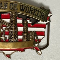 Baron American Oil Worker Belt Buckle Solid Brass Vintage &rsquo;81 Americana USA Flag