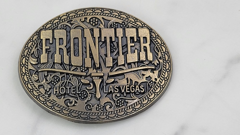 Frontier Las Vegas Hotel Casino Belt Buckle Brass Oval 3.25”x2.5” Longhorn