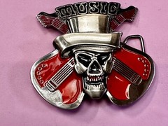 MUSIC Skull in Fedora Hat Crossed Electric Guitars Musician Rockstar Belt Buckle