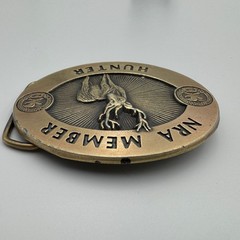 Vintage NRA Member Hunter Belt Buckle Brass Tone Deer Buck Wildlife Logo Oval