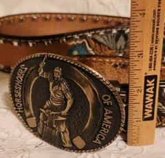 HORSESHOERS AMERICA AWARD DESIGN SOLID BRASS BUCKLE W/ LEATHER WILSON BELT SZ40