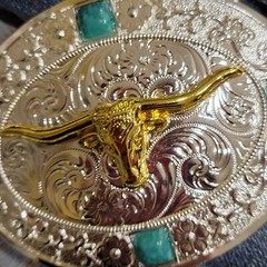 Longhorn Western belt Buckle oval Gold Silver Heavy blue stone accents