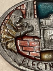1988 C&J Vintage Electrician Pewter Enamel Belt Buckle 1054 Made USA 3.25×2.5”