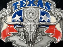 VTG Siskiyou Texas Republic Colorful Flags Longhorn State Seal Belt Buckle 1995