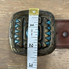 James Reid Leather Belt Size 37 Turquoise & Bronze Native American Belt Buckle