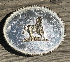 Montana Silversmiths Oval Western Horse Belt Buckle Silver/Gold Rope Edge