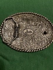 Justin Boots Brand – Silver Belt Buckle Fillagree Engraved Scroll Work Oval