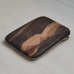Terry L Evans Signed Inlaid Wood & Brass Belt Buckle Mountain Lanscape Scene VTG