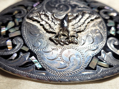 Vintage Alpaca Mexico Eagle Abalone Shell Mother Pearl Inlay Belt Buckle