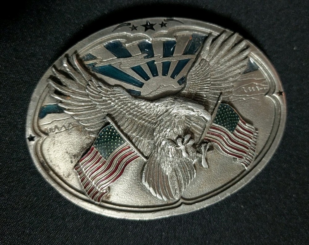 Belt Buckle Bald Eagle Flags USA Teal Enamel Bergamot T-256 980106 Patriotic