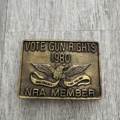 Vintage 1980 HJ NRA Member Belt Buckle Gold Vote Gun Rights Project Two Million