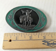 VTG 91 Siskiyou Belt Buckle Native American Warrior Horse Green Enamel USA