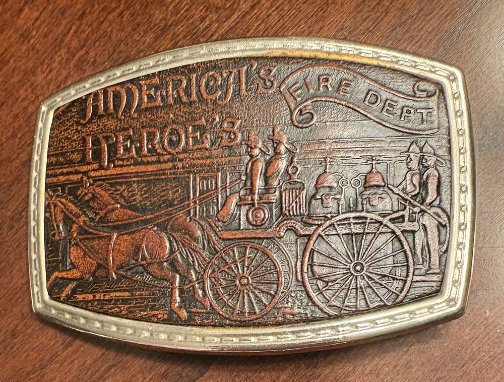 Vintage America&rsquo;s Heroes Fire Department Brass Belt Buckle 2.75&Prime; x 3.75&Prime;