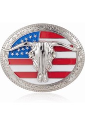 American Flag Longhorn Bull Skull Belt Buckle for Men Women, Vintage Western