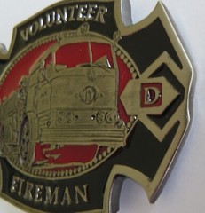 VOLUNTEER FIREMAN Belt Buckle Fire Truck Black Red Enamel F.D.