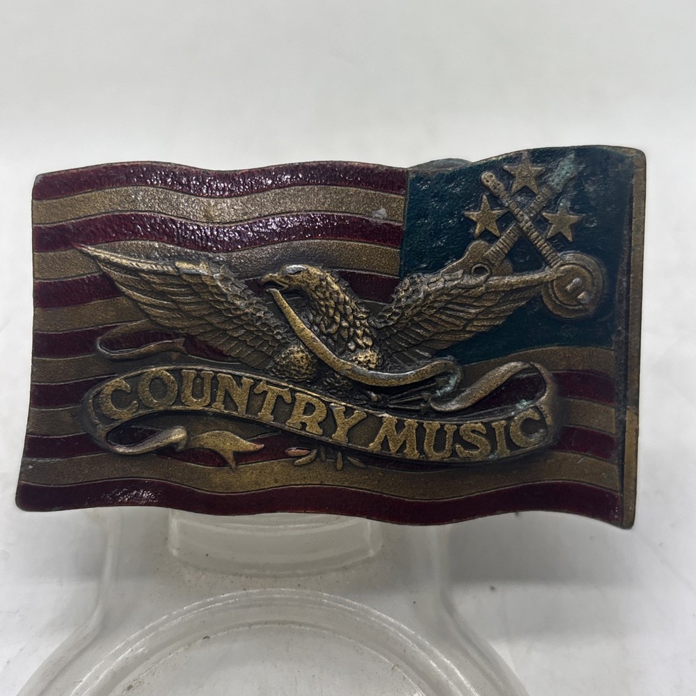 Vintage 1977 Belt Buckle Country Music Flag Eagle USA 3×2” Indiana Metal Craft