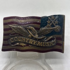Vintage 1977 Belt Buckle Country Music Flag Eagle USA 3×2” Indiana Metal Craft