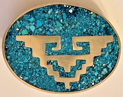 Vintage Aztec Themed Silver-Plated Oval ALPACA BELT BUCKLE -Turquoise Inlay READ