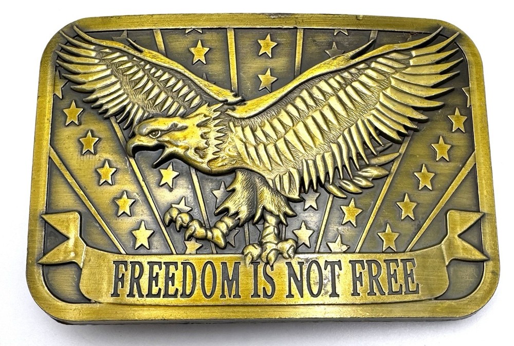 « Freedom Is Not Free » Brass Belt Buckle Eagle Stars 2014 Sponsor USA New