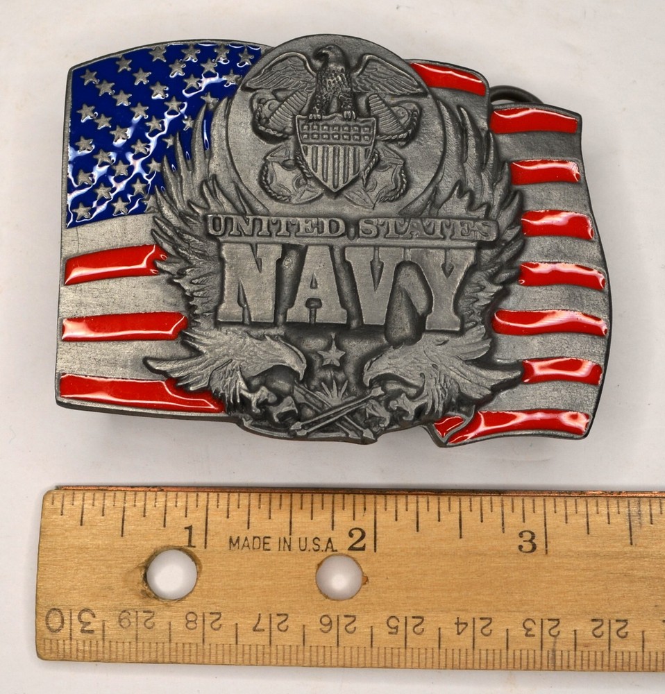 1991 VINTAGE SISKIYOU UNITED STATES NAVY PEWTER BELT BUCKLE FLAG & EAGLE