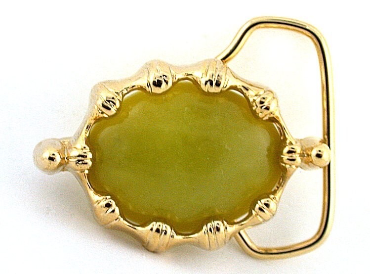 Gold Color Oval Olive Jade Cabochon Cab Gem Goldplated Belt Buckle PBB16-1323