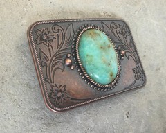 Copper Turquoise Western Belt Buckle Engraved Bronze Flower Cowboy Style