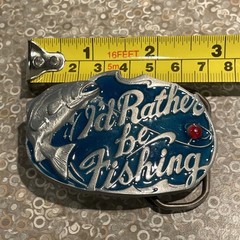 I’d Rather Be Fishing 3 Inch Pewter Belt Buckle Model 523 Blue And Red Enamel