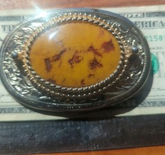 vintage oval belt buckle floral scroll w polished stone center