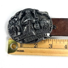 Wyoming Centennial 1990 Pewter Siskiyou Belt Buckle & Cowhide Leather Belt