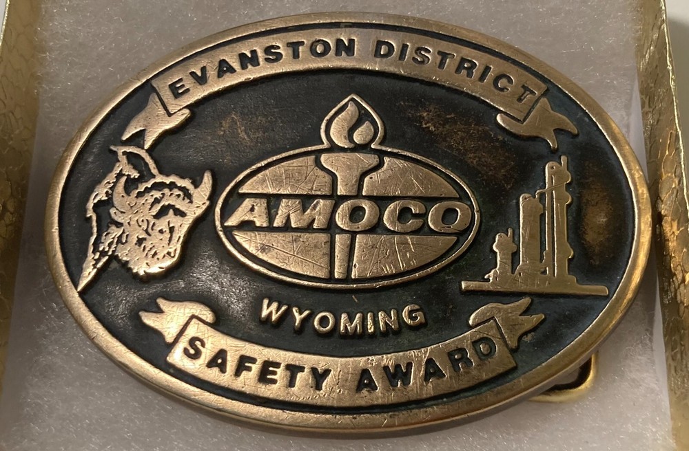 Vintage 1987 Metal Belt Buckle, Brass, Amoco, Wyoming, Evanston District, Petrol