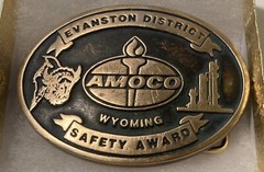 Vintage 1987 Metal Belt Buckle, Brass, Amoco, Wyoming, Evanston District, Petrol