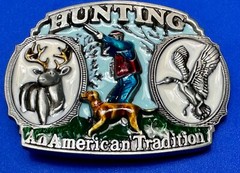 Hunting An American Tradition Vintage Belt Buckle Deer Duck Dog Colorful USA