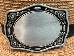 Simple Western Cowboy Antiqued Silver Rectangle Floral Belt Buckle