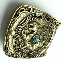 Tiger Turquoise Solid Brass Mens Belt Buckle Western Cowboy Vintage Antique