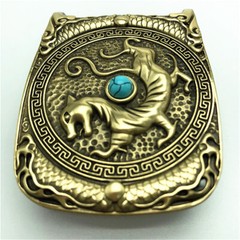 Tiger Turquoise Solid Brass Mens Belt Buckle Western Cowboy Vintage Antique