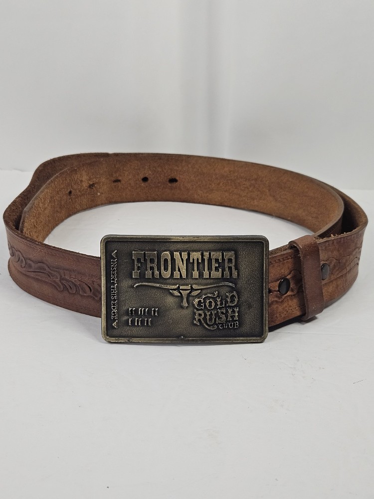 Vintage 80s FRONTIER Gold Rush Club Belt Buckle w/ Embossed Brown Leather Belt