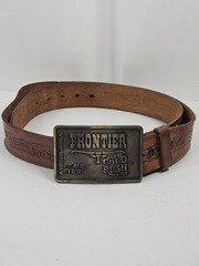 Vintage 80s FRONTIER Gold Rush Club Belt Buckle w/ Embossed Brown Leather Belt