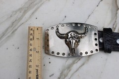 Silver Toned Metal Bull Steer Cow Head Face Belt Buckle & Leather Belt