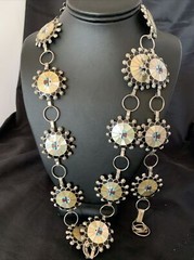 Turquoise & Onyx Zuni Sterling Silver Sun Face Inlay Old Pawn Belt 40&Prime; 12109