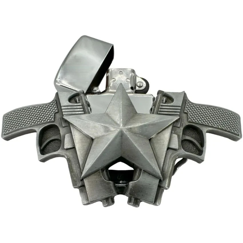 Two Guns and Star Refillable Flip Top Lighter in a Belt Buckle Combo