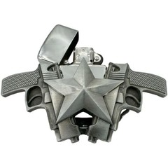 Two Guns and Star Refillable Flip Top Lighter in a Belt Buckle Combo