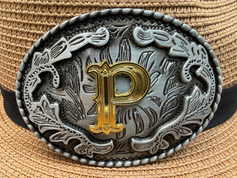 Antiqued Silver Gold Initial P Oval Western Cowboy Floral Vine Belt Buckle