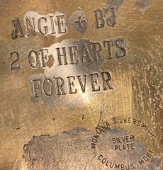 Vintage Metal Belt Buckle, Silver and Brass, Angie and BJ, 2 of Hearts Forever