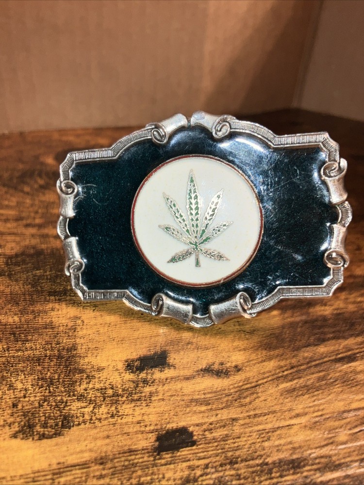 Marijuana Cannabis Pot Leaf Enameled Vintage Belt Buckle 1980 by Just Brass USA