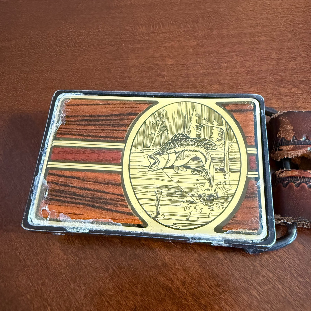 Vtg 1984 NAP Solid Brass Belt Buckle Bass Fish Woodgrain Western USA Leather
