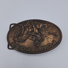 Vintage 70s Pony Post Express Brass Metal Belt Buckle Montauk Silver Company